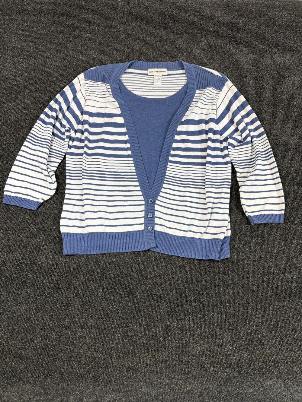 Cathy Daniels Sweater Set Womens L Blue Stripe Tank Cardigan 3/4 Sleeve Knit